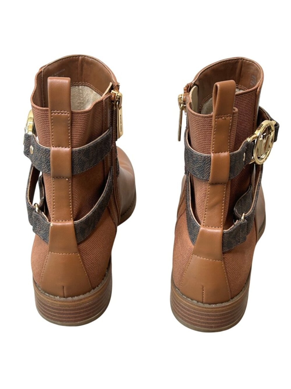 Michael Kors Brown Ankle Boots With Gold Logo Buckle Side Zipper & Faux Leather - Picture 10 of 16